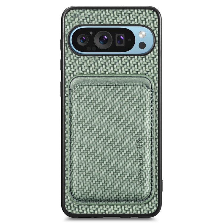 For Google Pixel 9 Pro XL Case Carbon Fiber Leather Back Cover with Detachable Card Bag - Green