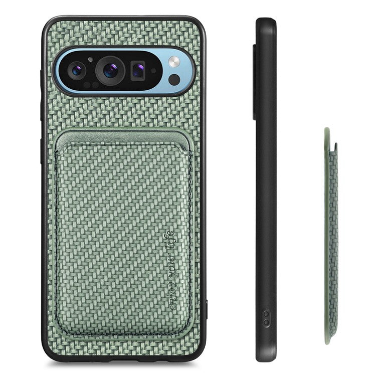 For Google Pixel 9 Pro XL Case Carbon Fiber Leather Back Cover with Detachable Card Bag - Green