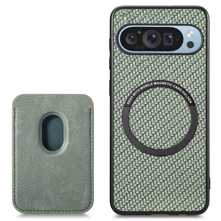 For Google Pixel 9 Pro XL Case Carbon Fiber Leather Back Cover with Detachable Card Bag - Green