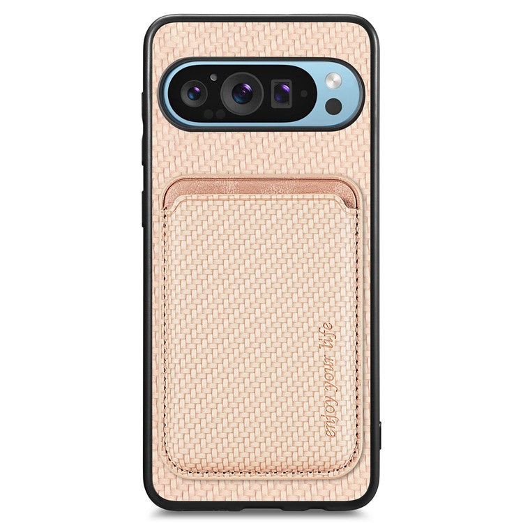 For Google Pixel 9 Pro XL Case Carbon Fiber Leather Back Cover with Detachable Card Bag - Apricot