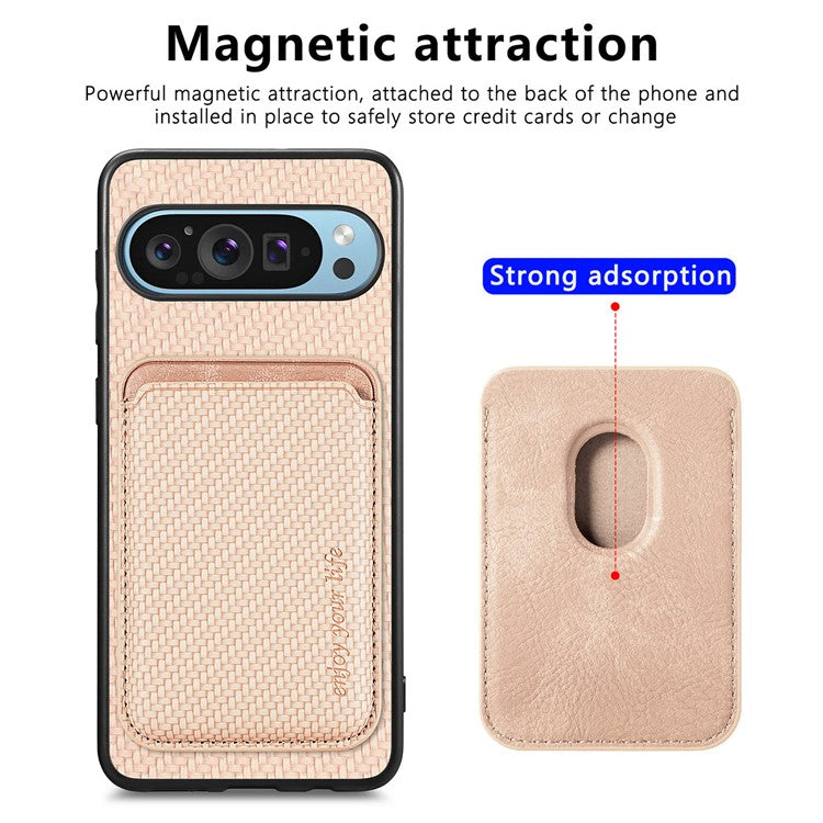 For Google Pixel 9 Pro XL Case Carbon Fiber Leather Back Cover with Detachable Card Bag - Apricot