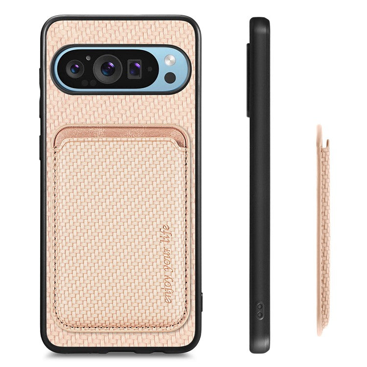 For Google Pixel 9 Pro XL Case Carbon Fiber Leather Back Cover with Detachable Card Bag - Apricot