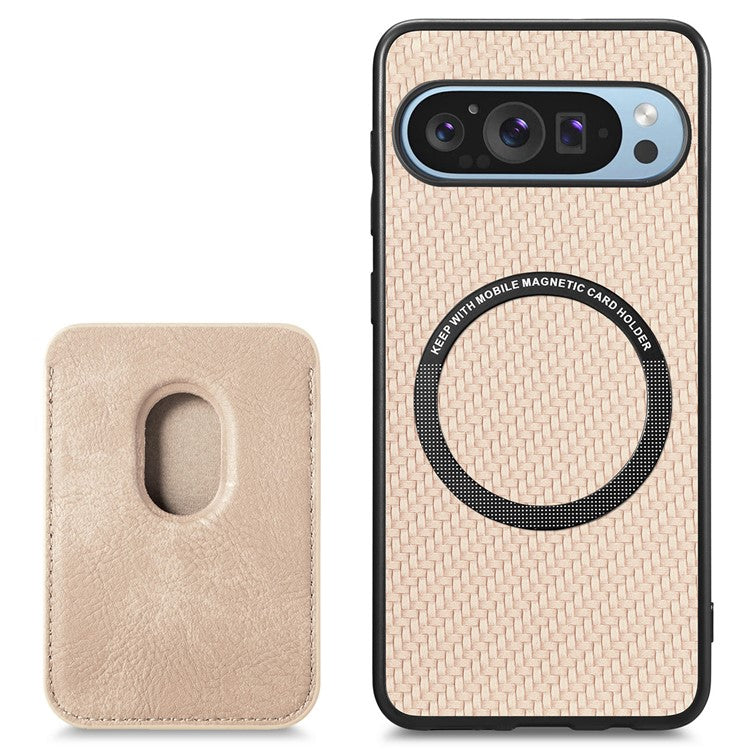 For Google Pixel 9 Pro XL Case Carbon Fiber Leather Back Cover with Detachable Card Bag - Apricot