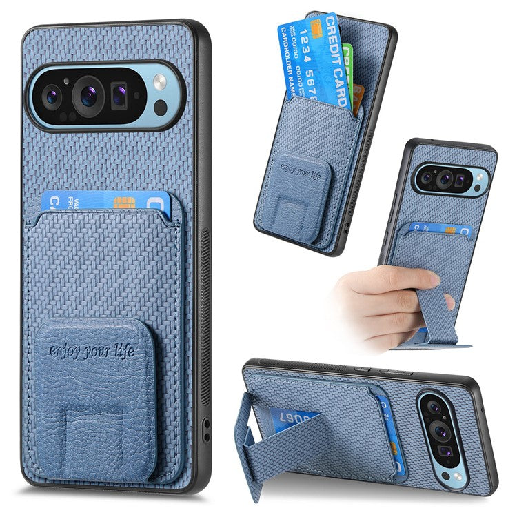 For Google Pixel 9 Pro XL Case Card Holder Carbon Fiber Texture Leather Coated TPU Phone Cover - Blue