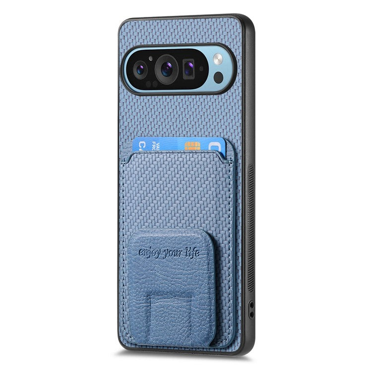 For Google Pixel 9 Pro XL Case Card Holder Carbon Fiber Texture Leather Coated TPU Phone Cover - Blue