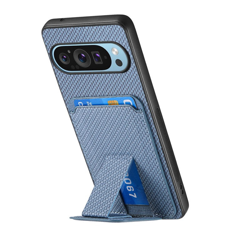 For Google Pixel 9 Pro XL Case Card Holder Carbon Fiber Texture Leather Coated TPU Phone Cover - Blue