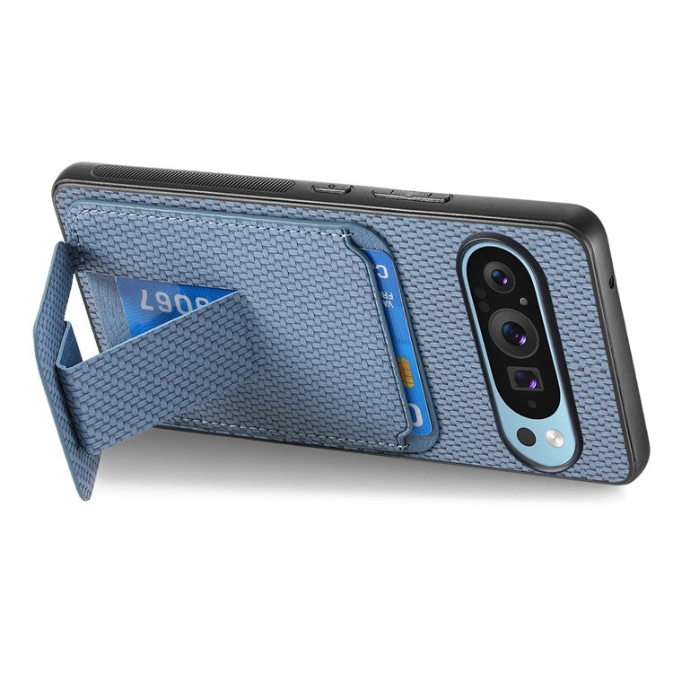 For Google Pixel 9 Pro XL Case Card Holder Carbon Fiber Texture Leather Coated TPU Phone Cover - Blue