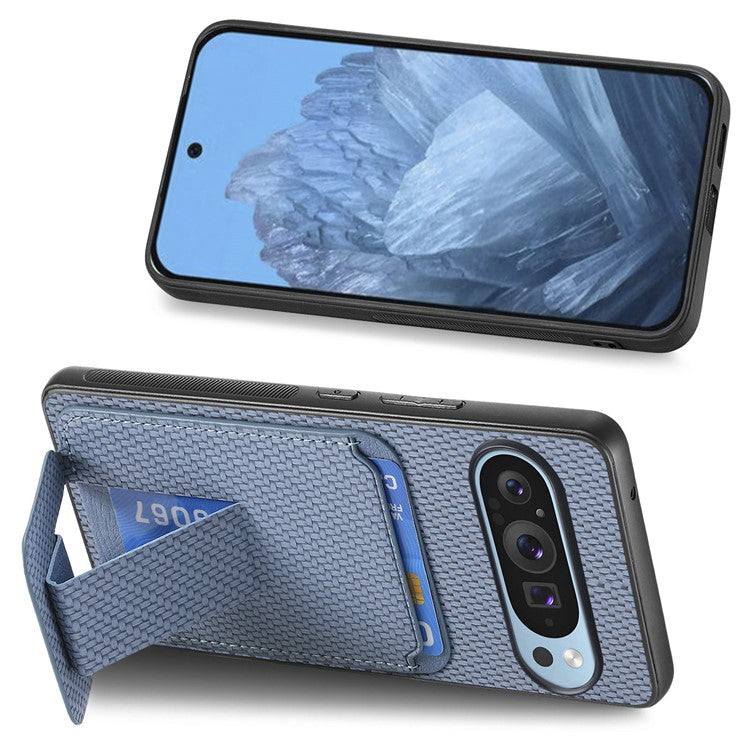 For Google Pixel 9 Pro XL Case Card Holder Carbon Fiber Texture Leather Coated TPU Phone Cover - Blue