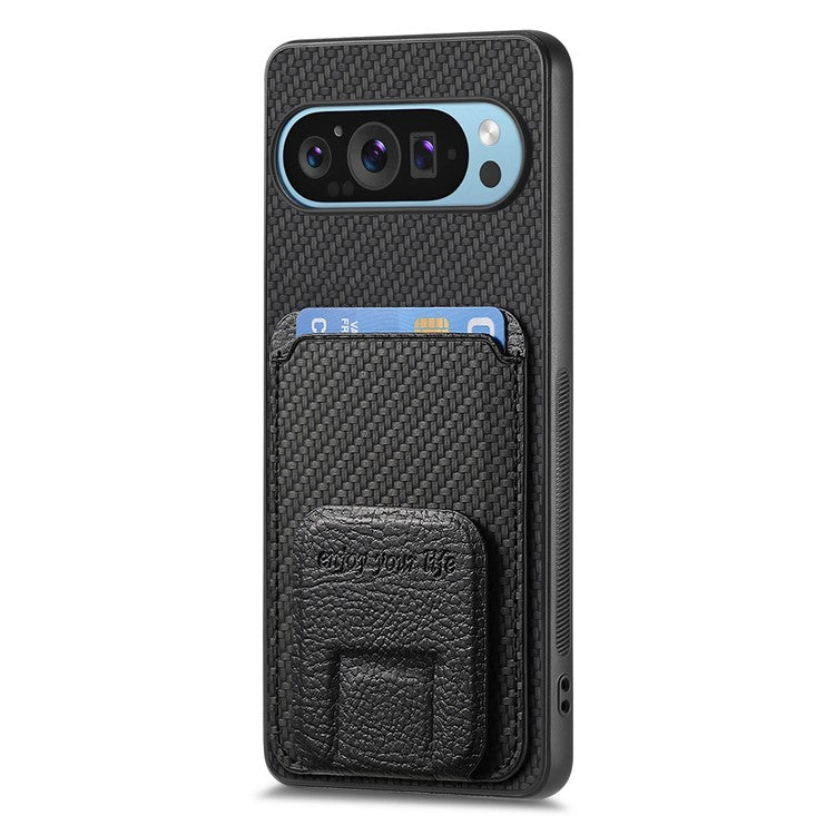 For Google Pixel 9 Pro XL Case Card Holder Carbon Fiber Texture Leather Coated TPU Phone Cover - Black