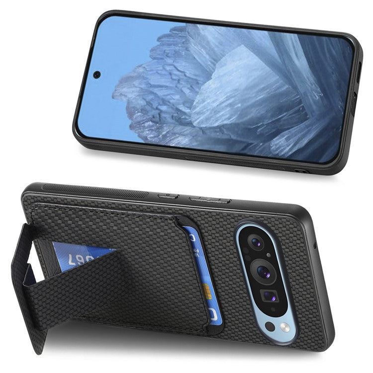 For Google Pixel 9 Pro XL Case Card Holder Carbon Fiber Texture Leather Coated TPU Phone Cover - Black