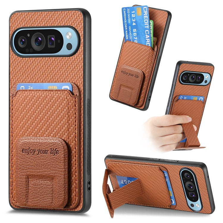 For Google Pixel 9 Pro XL Case Card Holder Carbon Fiber Texture Leather Coated TPU Phone Cover - Brown