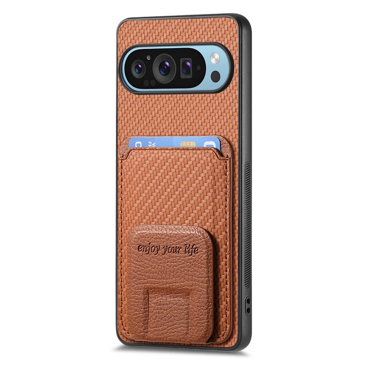 For Google Pixel 9 Pro XL Case Card Holder Carbon Fiber Texture Leather Coated TPU Phone Cover - Brown