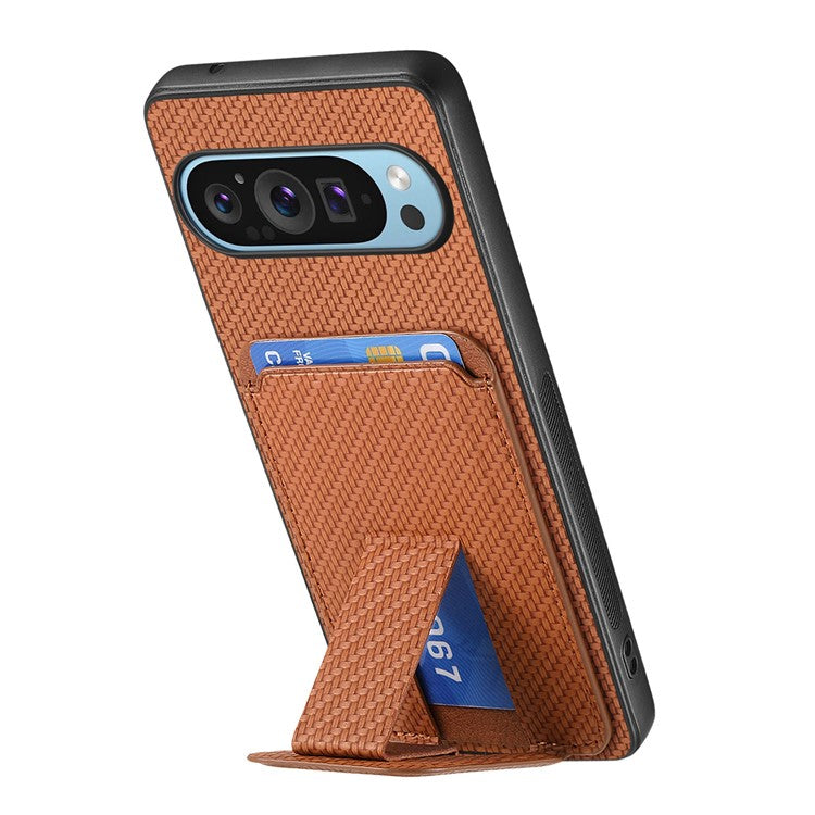 For Google Pixel 9 Pro XL Case Card Holder Carbon Fiber Texture Leather Coated TPU Phone Cover - Brown