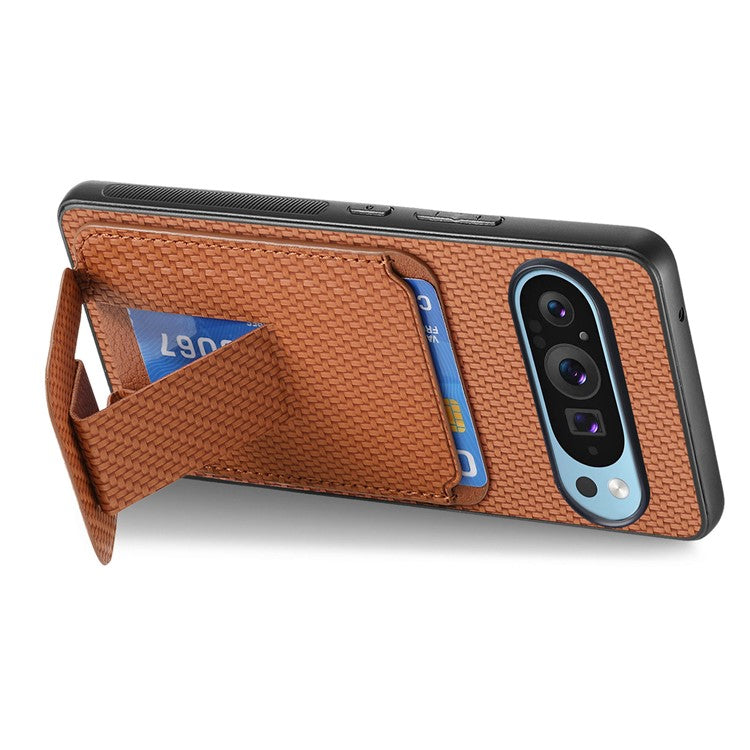 For Google Pixel 9 Pro XL Case Card Holder Carbon Fiber Texture Leather Coated TPU Phone Cover - Brown