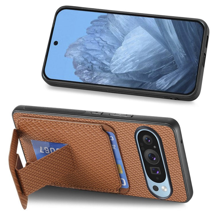 For Google Pixel 9 Pro XL Case Card Holder Carbon Fiber Texture Leather Coated TPU Phone Cover - Brown