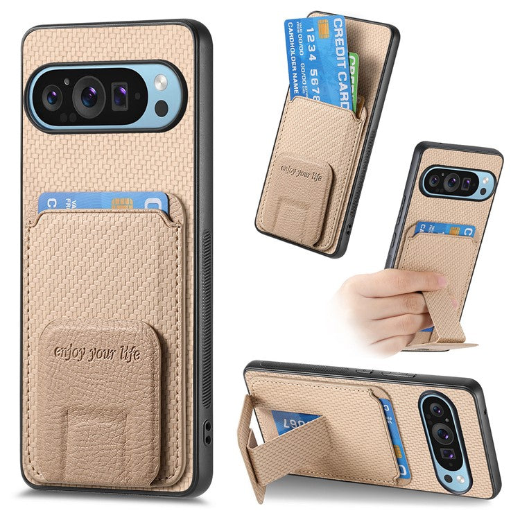 For Google Pixel 9 Pro XL Case Card Holder Carbon Fiber Texture Leather Coated TPU Phone Cover - Beige