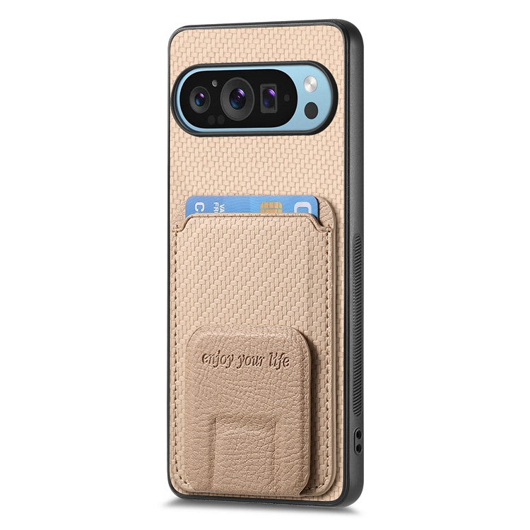 For Google Pixel 9 Pro XL Case Card Holder Carbon Fiber Texture Leather Coated TPU Phone Cover - Beige