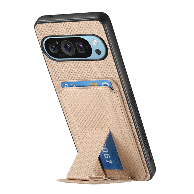 For Google Pixel 9 Pro XL Case Card Holder Carbon Fiber Texture Leather Coated TPU Phone Cover - Beige