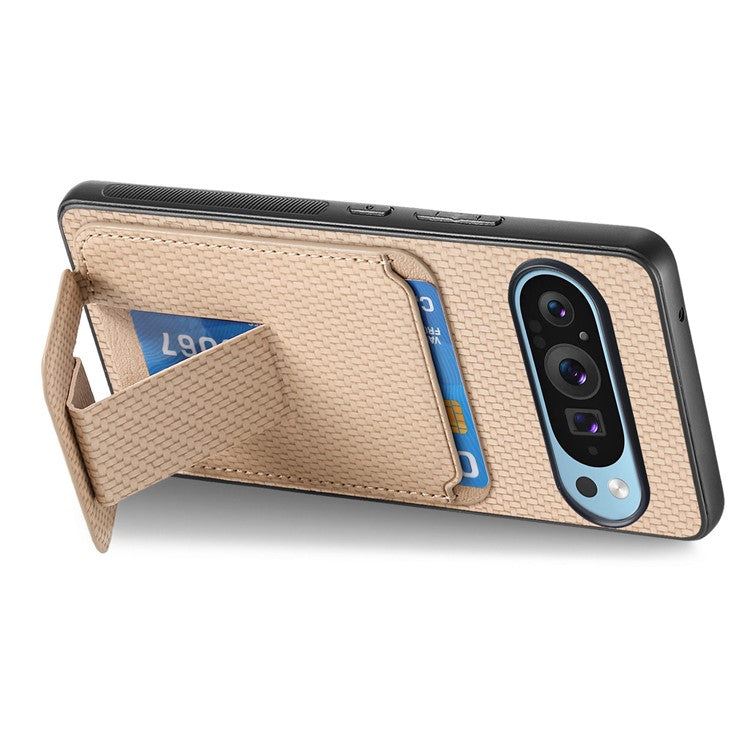 For Google Pixel 9 Pro XL Case Card Holder Carbon Fiber Texture Leather Coated TPU Phone Cover - Beige