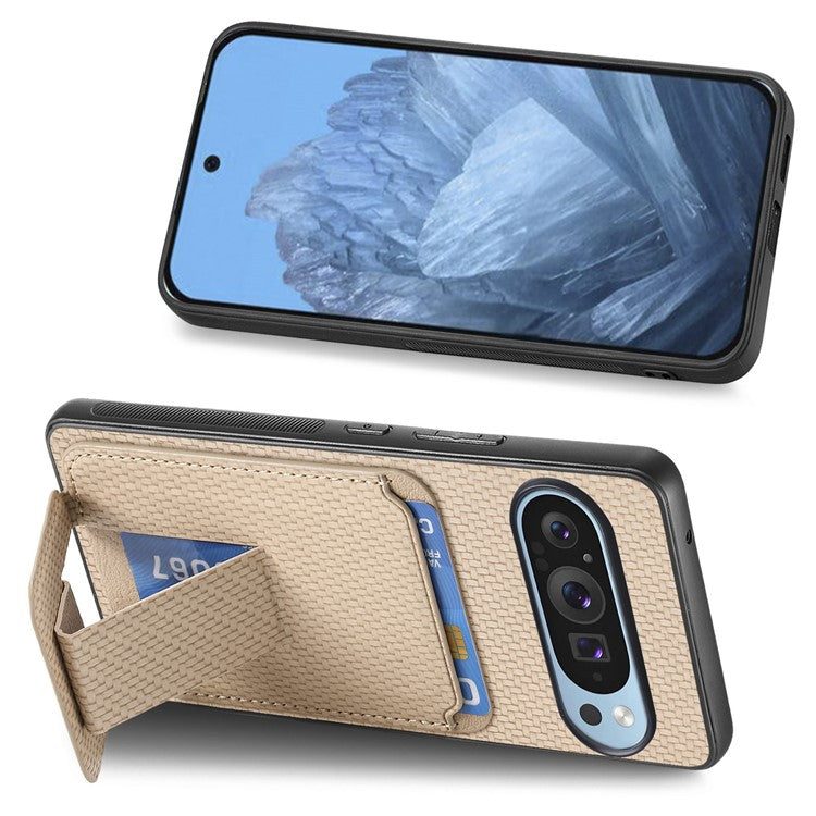 For Google Pixel 9 Pro XL Case Card Holder Carbon Fiber Texture Leather Coated TPU Phone Cover - Beige