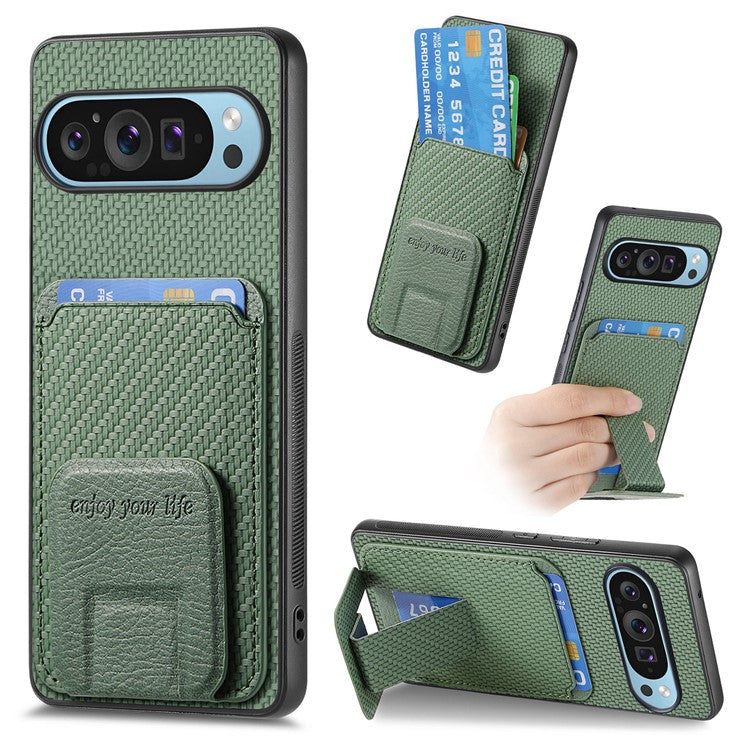 For Google Pixel 9 Pro XL Case Card Holder Carbon Fiber Texture Leather Coated TPU Phone Cover - Green