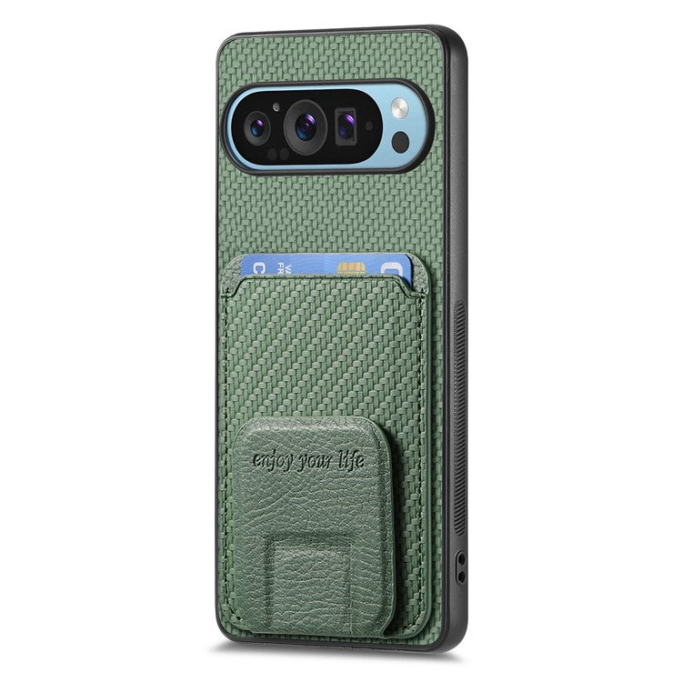 For Google Pixel 9 Pro XL Case Card Holder Carbon Fiber Texture Leather Coated TPU Phone Cover - Green