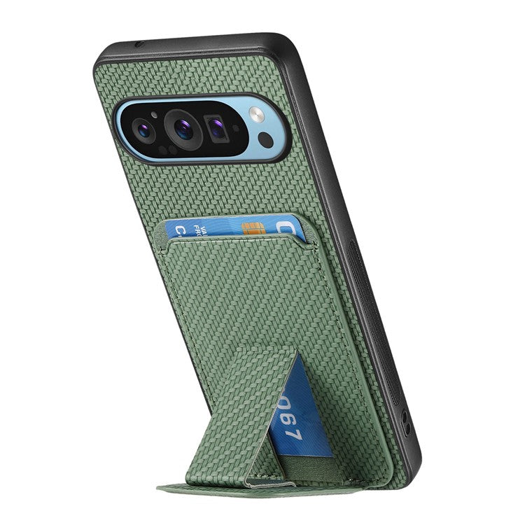 For Google Pixel 9 Pro XL Case Card Holder Carbon Fiber Texture Leather Coated TPU Phone Cover - Green