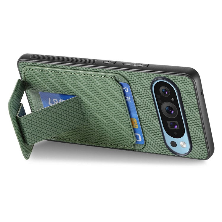 For Google Pixel 9 Pro XL Case Card Holder Carbon Fiber Texture Leather Coated TPU Phone Cover - Green