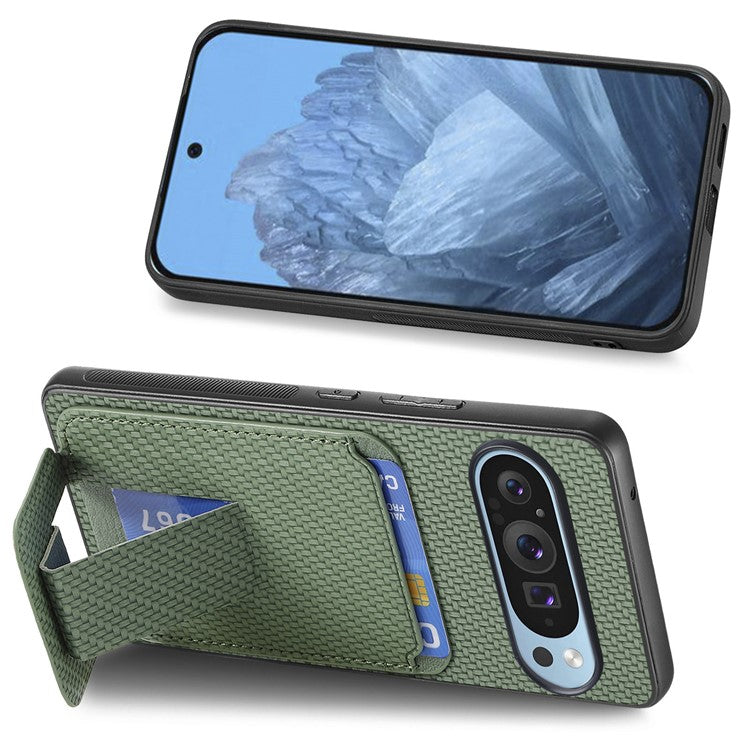 For Google Pixel 9 Pro XL Case Card Holder Carbon Fiber Texture Leather Coated TPU Phone Cover - Green