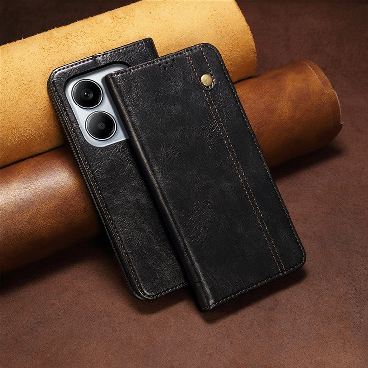 For Xiaomi Redmi Note 14 5G Case Crazy Horse Texture Waxy Leather Wallet Stand Phone Cover - Black