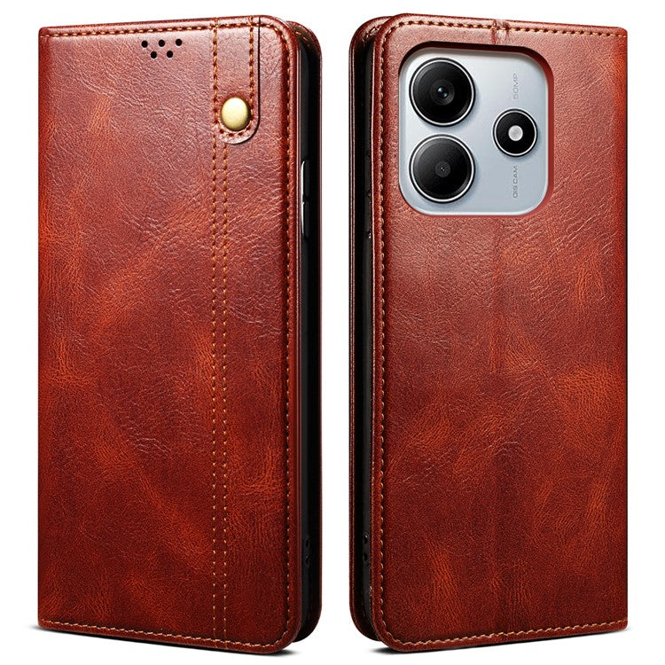 For Xiaomi Redmi Note 14 5G Case Crazy Horse Texture Waxy Leather Wallet Stand Phone Cover - Brown