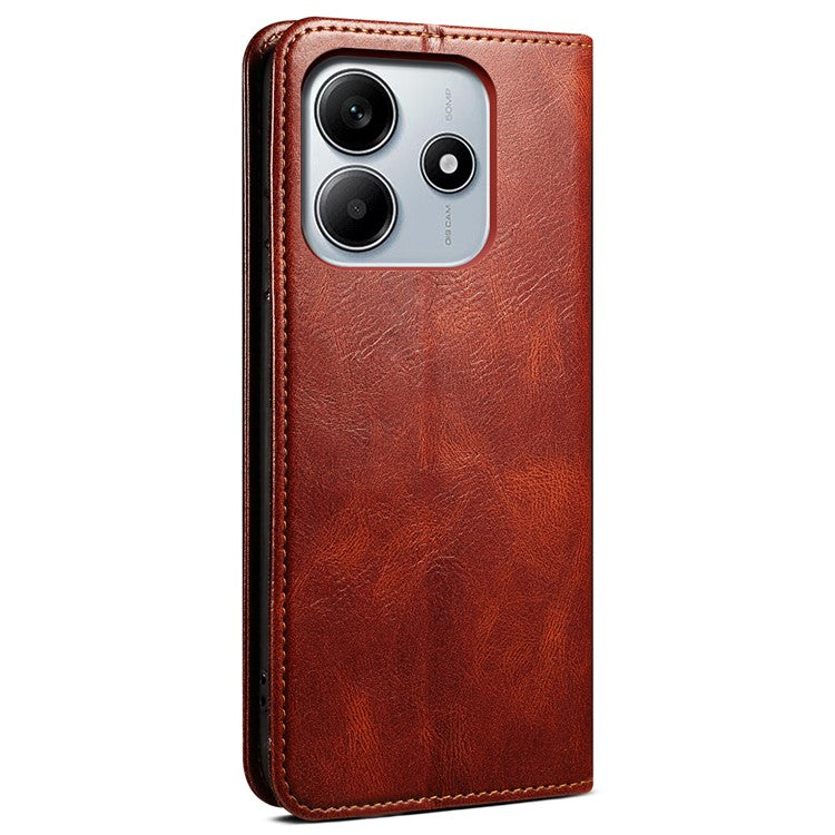 For Xiaomi Redmi Note 14 5G Case Crazy Horse Texture Waxy Leather Wallet Stand Phone Cover - Brown