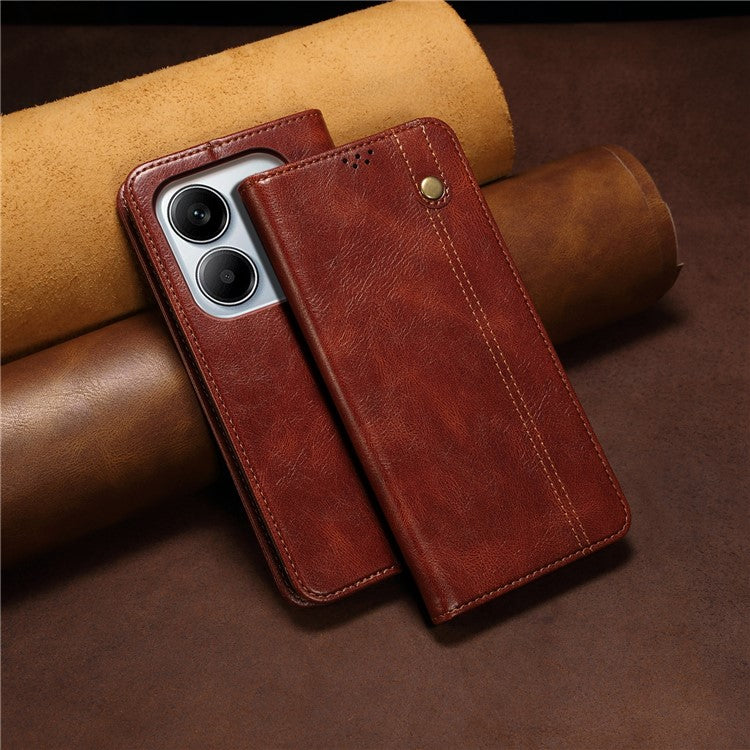 For Xiaomi Redmi Note 14 5G Case Crazy Horse Texture Waxy Leather Wallet Stand Phone Cover - Brown