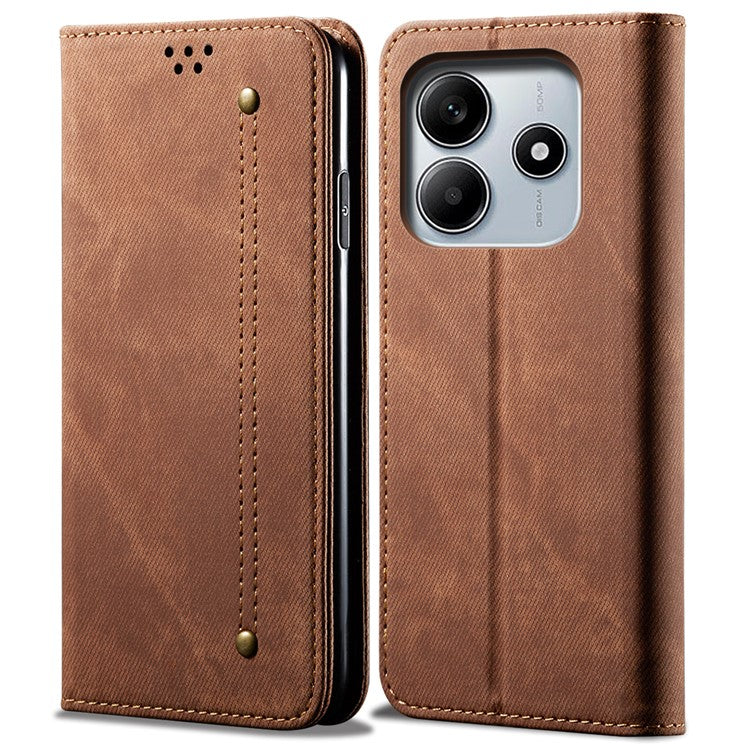 For Xiaomi Redmi Note 14 5G Case Jeans Cloth Texture Anti-Scratch Leather Stand Phone Cover - Coffee