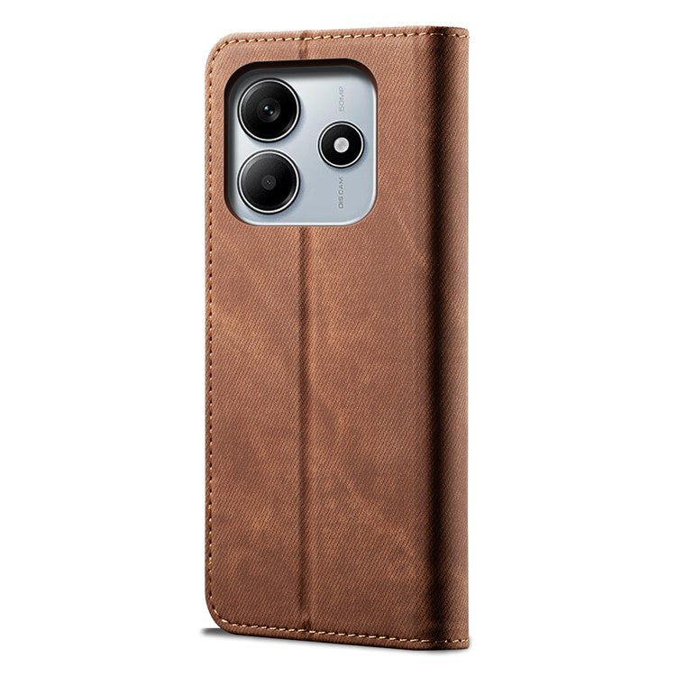 For Xiaomi Redmi Note 14 5G Case Jeans Cloth Texture Anti-Scratch Leather Stand Phone Cover - Coffee