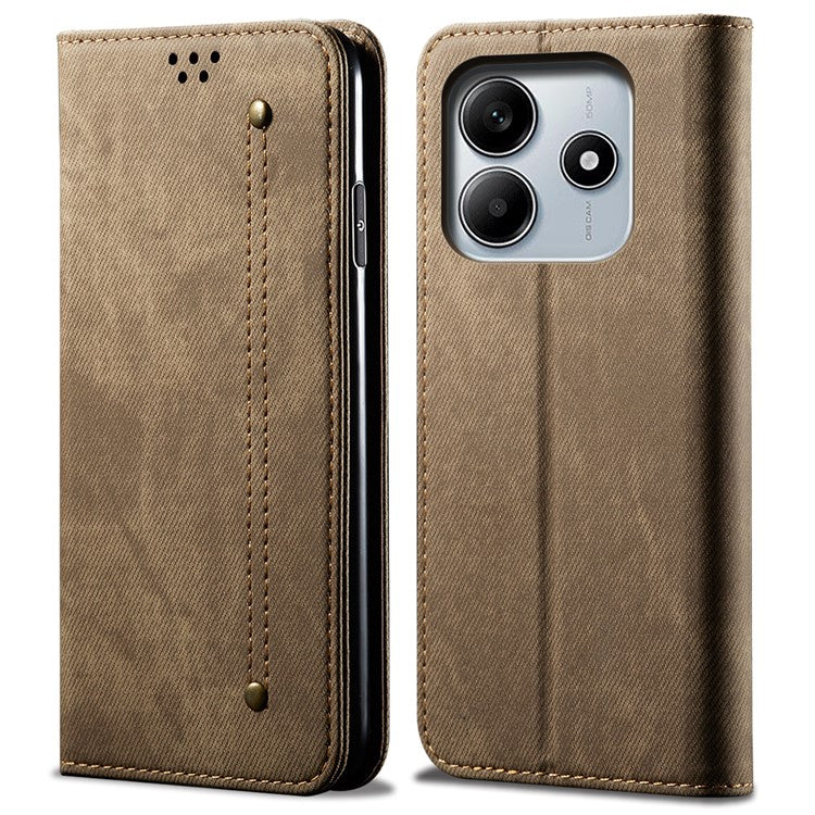 For Xiaomi Redmi Note 14 5G Case Jeans Cloth Texture Anti-Scratch Leather Stand Phone Cover - Khaki