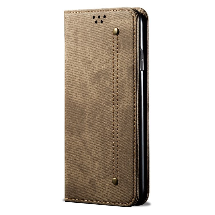 For Xiaomi Redmi Note 14 5G Case Jeans Cloth Texture Anti-Scratch Leather Stand Phone Cover - Khaki