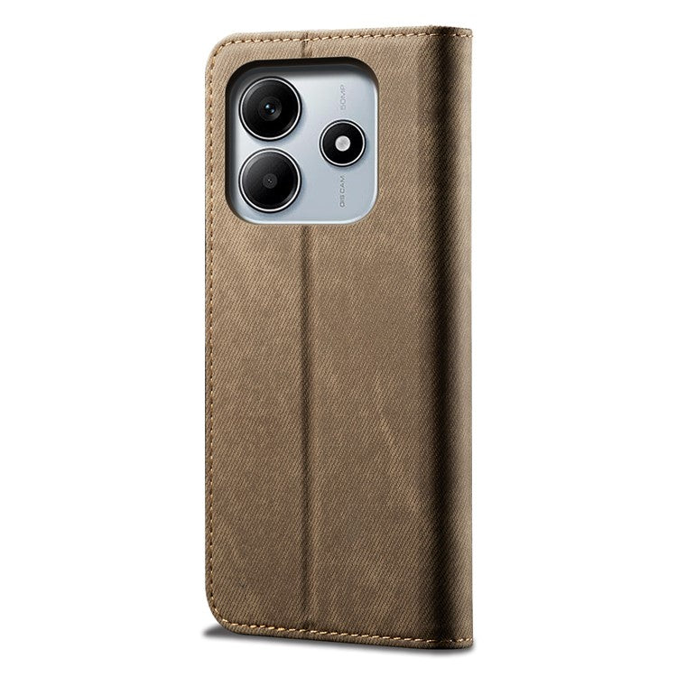 For Xiaomi Redmi Note 14 5G Case Jeans Cloth Texture Anti-Scratch Leather Stand Phone Cover - Khaki