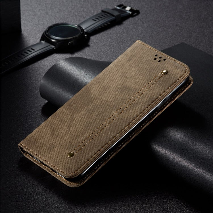 For Xiaomi Redmi Note 14 5G Case Jeans Cloth Texture Anti-Scratch Leather Stand Phone Cover - Khaki