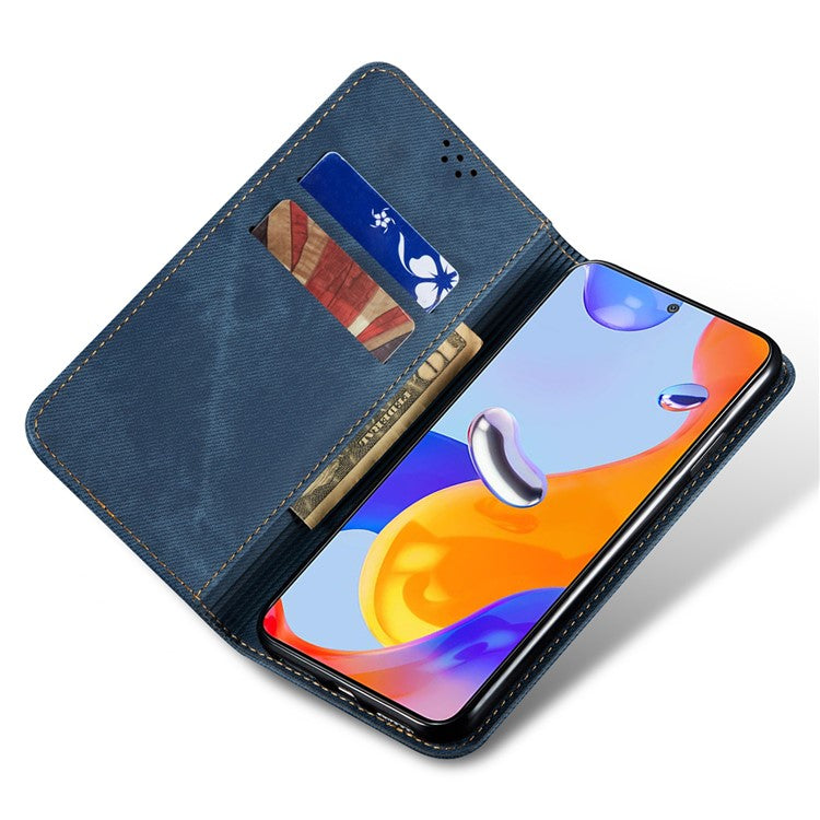 For Xiaomi Redmi Note 14 5G Case Jeans Cloth Texture Anti-Scratch Leather Stand Phone Cover - Blue