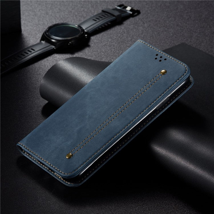 For Xiaomi Redmi Note 14 5G Case Jeans Cloth Texture Anti-Scratch Leather Stand Phone Cover - Blue