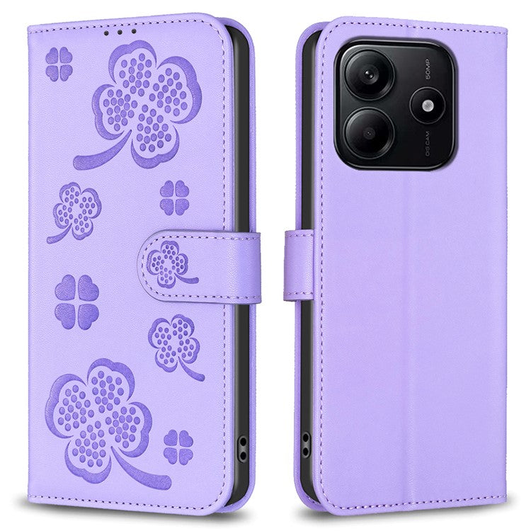 For Xiaomi Redmi Note 14 5G Case Clover Pattern Wallet Stand View Leather Phone Cover - Purple