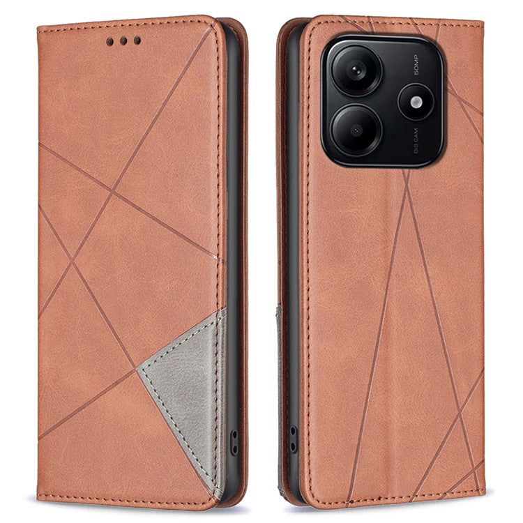 For Xiaomi Redmi Note 14 5G Case Card Slots Geometry Imprint Leather Phone Cover - Brown