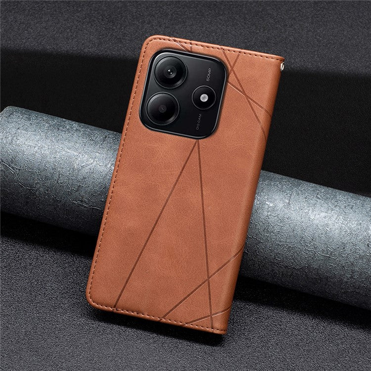 For Xiaomi Redmi Note 14 5G Case Card Slots Geometry Imprint Leather Phone Cover - Brown