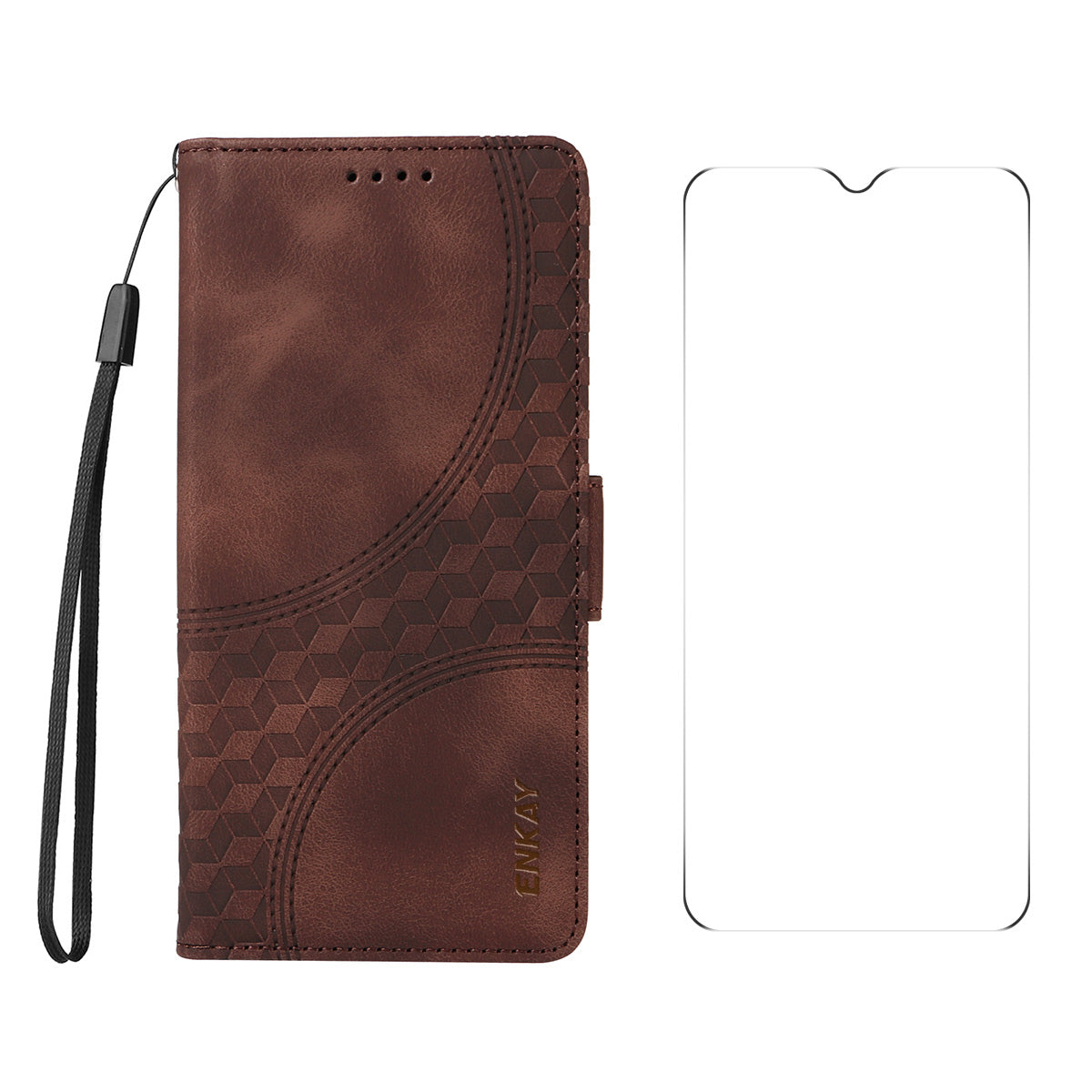 For Xiaomi Poco C75 4G / Redmi 14R 5G / 14C 4G Wallet Case ENKAY Imprint PU Leather Phone Stand Cover with Tempered Glass - Brown