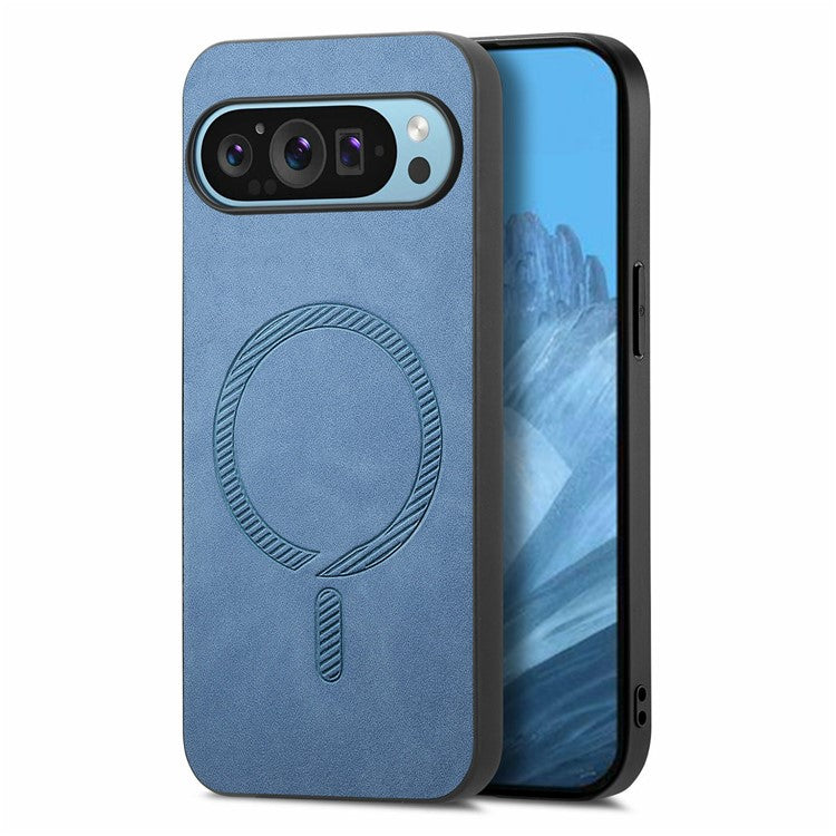 For Google Pixel 9 Pro XL Leather Back Case Compatible with MagSafe Skin-Touch Phone Cover - Blue