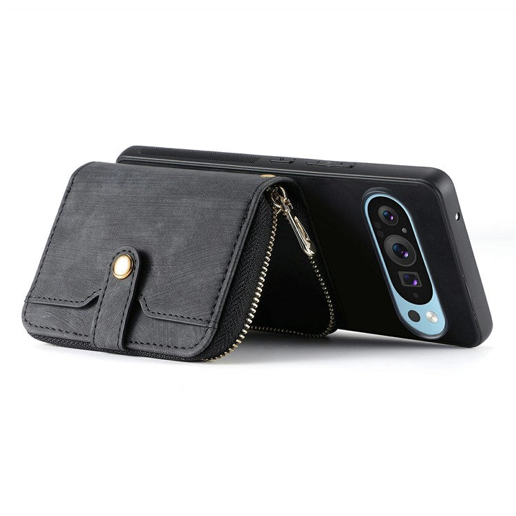 For Google Pixel 9 Pro XL Case Zipper Card Holder PU Leather Phone Back Cover with Long Strap - Black