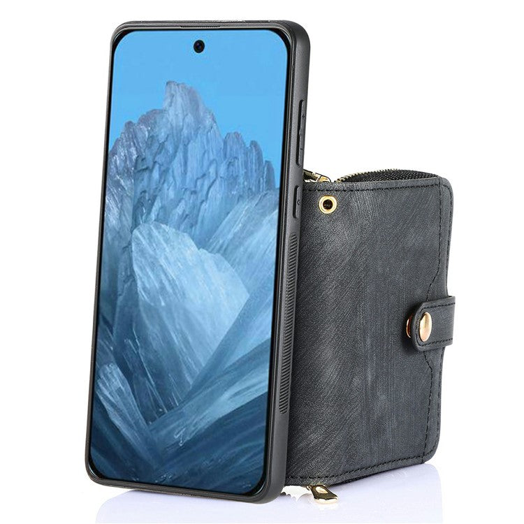 For Google Pixel 9 Pro XL Case Zipper Card Holder PU Leather Phone Back Cover with Long Strap - Black