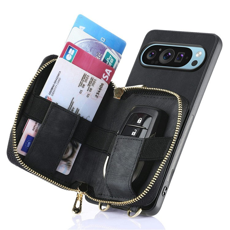 For Google Pixel 9 Pro XL Case Zipper Card Holder PU Leather Phone Back Cover with Long Strap - Black