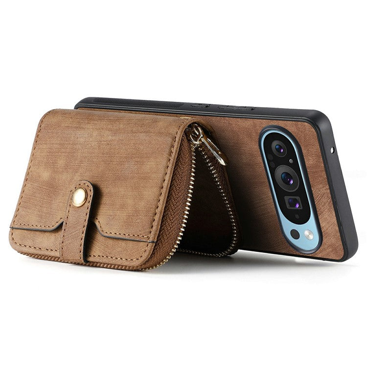 For Google Pixel 9 Pro XL Case Zipper Card Holder PU Leather Phone Back Cover with Long Strap - Brown